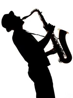 a man playing the saxophone in silhouette against a white background