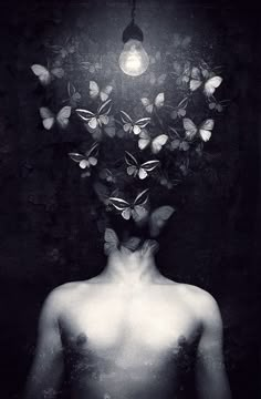 a man with butterflies flying over his head