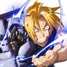 an anime character with blonde hair and blue eyes holding his fist up in front of the camera