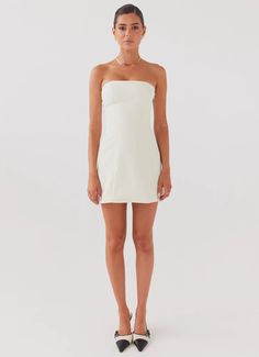 Ayanna Strapless Mini Dress - Ivory – Peppermayo US Cream Mini Dress Outfit, Hen Party Dress, Hen Party Outfits, Strapless Neckline, Beige Dresses, Strapless Tops, Strapless Mini Dress, Festival Dress, Dressy Tops