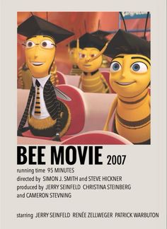 a movie poster for bee movie with three bees wearing graduation caps and gowns in the background