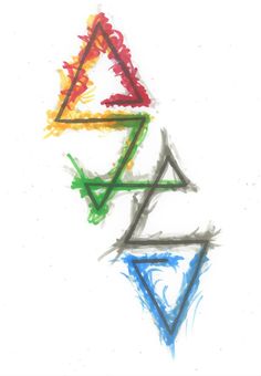 an abstract drawing of three triangles with colored crayons in the middle and one triangle at the bottom