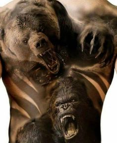 the back of a man with an image of two gorillas on his chest and one bear