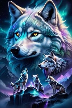 three wolfs standing on top of a mountain