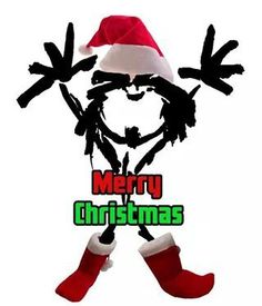 a cartoon character wearing a santa hat and holding his hands in the air with merry christmas written on it