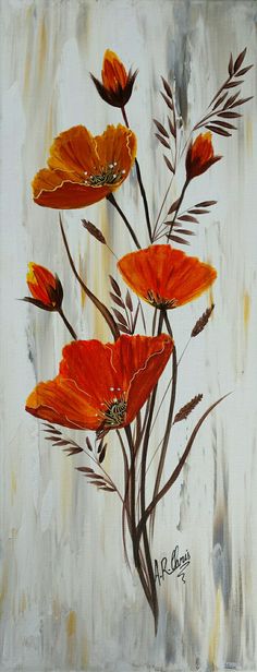 a painting of orange flowers on a white background