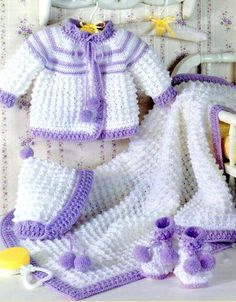 a crocheted baby's outfit and booties are shown in this knitting pattern