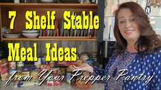 a woman standing in front of a shelf full of food and holding an open jar