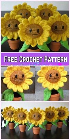 crocheted sunflowers in pots with the words free crochet pattern