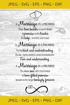 the wedding vows are displayed on a wooden background with yellow and black lettering that reads, marriage