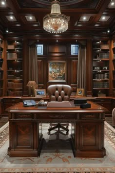 an elegant home office with large wooden desk and leather chair, built in bookshelves