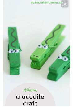 three pieces of green paper with googly eyes on them and the words crocodile craft