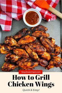 how to grill chicken wings in the oven with text overlay that reads, how to grill chicken wings quick and easy