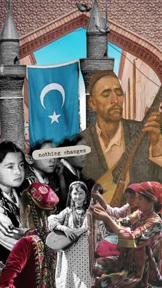 the collage shows people and flags in different countries, with one man holding a guitar