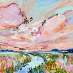 an oil painting of pink clouds over a river