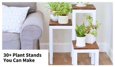 three white plant stands with plants on them in front of a gray couch and wall