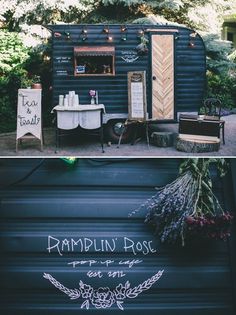 an old trailer is converted into a tiny house with a bar in the front and outside