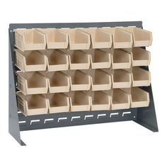 a rack with several bins on it and one shelf holding many empty boxes in the middle