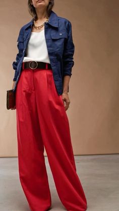 Casual Red Pants Outfit, French Work Outfits Parisian Chic, Work Outfits With Red Pants, Red Linen Trousers Outfit, Red Top Jeans Outfit, Monochromatic Red Outfit, How To Style Red Pants, Red Pants Fall, Red Corduroy Pants Outfit