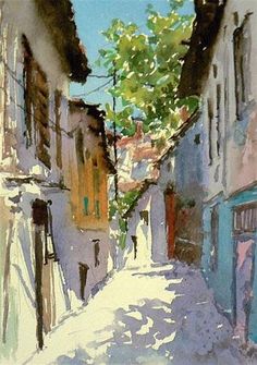 a painting of an alleyway with buildings and trees