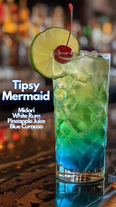 Tipsy Mermaid Blue Green Cocktails, Tipsy Mermaid Cocktail, Savory Drinks, Book Cocktails, Tipsy Mermaid, Rum And Pineapple Juice, Crazy Cocktails, Midori Cocktails