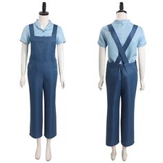 two mannequins wearing blue overalls and shirts