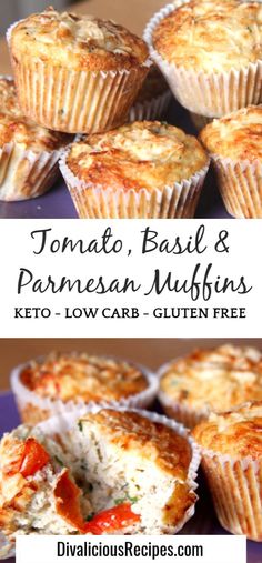 several different types of muffins on a plate with the words tomato basil and parmesan muffins