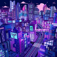 an image of a city at night with lots of neon lights and buildings in the background