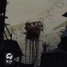 a bunch of birds flying around a tower in the sky with trees and buildings behind it