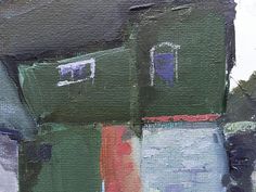 an abstract painting of green houses with blue windows