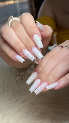 White Pink Nails Ombre, Prom Nails Acrylic Classy White, Ombre Nails Diamonds, Prom White Nails, Coffin Diamond Nails, White Nails With Diamonds Rhinestones, White Nails For Prom, White Nails Rhinestones, White Rhinestone Nails