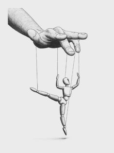 a drawing of two hands hanging on strings with one hand holding the other's string