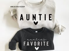 Our matching Auntie and Aunties Favorite sweatshirts are the perfect addition to your and your nieces'/nephews' wardrobe! These adorable sweaters also make the perfect for gift any Aunt including new Aunts or any aunt to be! We also offer additional family member shirts as well so be sure to check them out. If you have any questions please feel free to reach out anytime and we are happy to help you. **PLEASE NOTE: THIS IS NOT A SET - SHIRTS MUST BE PURCHASED SEPARATELY IN ORDER TO RECEIVE BOTH AUNTIE AND MINI SHIRTS. IF YOU HAVE ANY QUESTIONS FEEL FREE TO REACH OUT ANYTIME AND WE WILL BE HAPPY TO ASSIST YOU.  HOW TO ORDER  1. Select the size of the auntie shirt and then add to cart.  2. Go back to the listing from your cart and add the mini size to cart. 3. Submit Order  4. During checkout Auntie Matching Outfits, Auntie And Niece Shirts, Aunt Niece Shirts, Aunt And Niece Shirts, Aunt Baby Clothes, Aunt Nephew, Mini Shirts, Aunt To Be, Baby Aunt