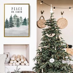 a decorated christmas tree in front of a fireplace