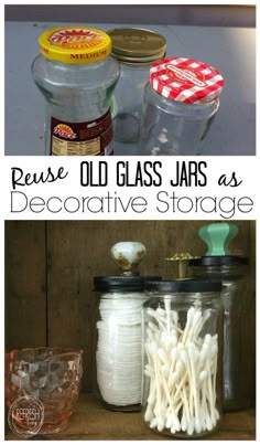 jars and glass jars with decorative storage labels on them are shown in this collage