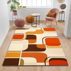 an area rug with orange, brown and white shapes on it in a living room