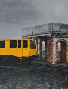 a painting of a yellow train parked at a station in front of a brick building