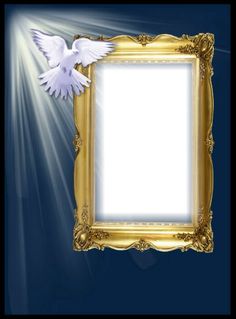 an ornate gold frame with a white dove in the middle and light shining down on it