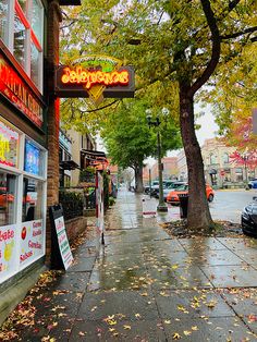 the sidewalk is wet and has fallen leaves on it as cars are parked in front of stores