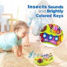 a baby playing with an animal sounds and brightly colored buttons toy on the floor