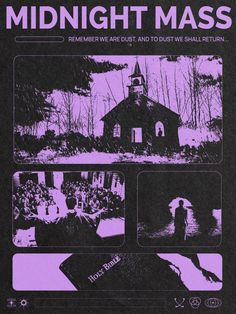 the poster for midnight mass is shown in black and purple colors, with images of people standing