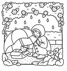 a black and white drawing of a girl holding an umbrella in the rain with flowers around her