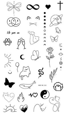 an assortment of tattoos with different symbols on them, including hearts and arrows in black ink