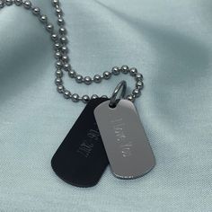 stainless steel black and silver mens double dog tag engraved necklace - can be engraved with any name, date, text or symbol Everyday Black Dog Tag Necklace, Engraved Black Dog Tag Necklace, Black Stainless Steel Dog Tag Necklace, Black Personalized Dog Tag Necklace, Metal Dog Tag Necklace With Chain Detail, Boyfriend Stuff