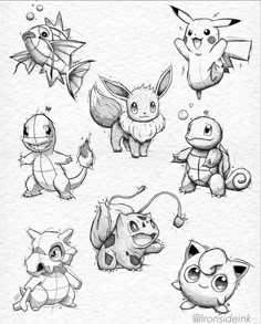 some very cute pokemons drawn in pencil and watermarked on the back of a paper