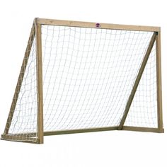 a soccer goal with a wooden post and net on the bottom half, in front of a white background