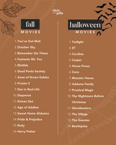 the halloween movies list is shown in black and orange colors, with bats flying over them