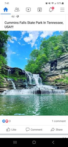 an instagram page with the image of a waterfall