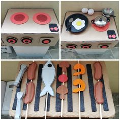 an assortment of kitchen utensils are arranged in cardboard boxes and placed on top of each other