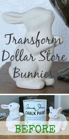 the before and after image shows how to transform dollar store bunnies